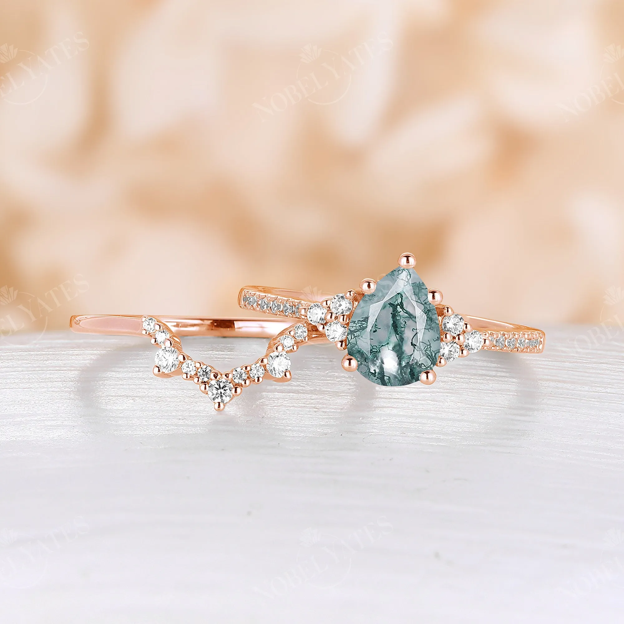 Moss Agate Pear Cluster Engagement Ring Set Rose Gold