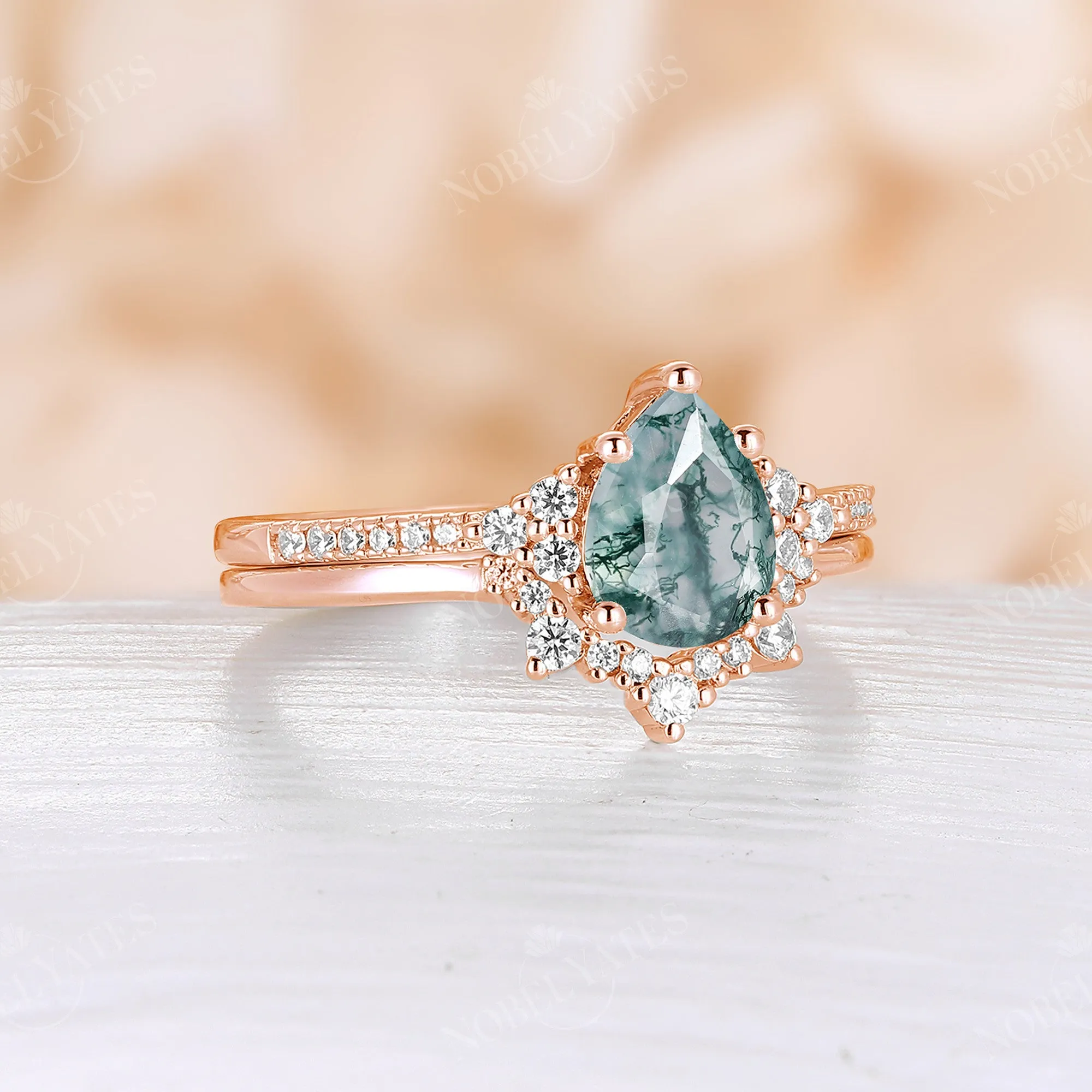 Moss Agate Pear Cluster Engagement Ring Set Rose Gold