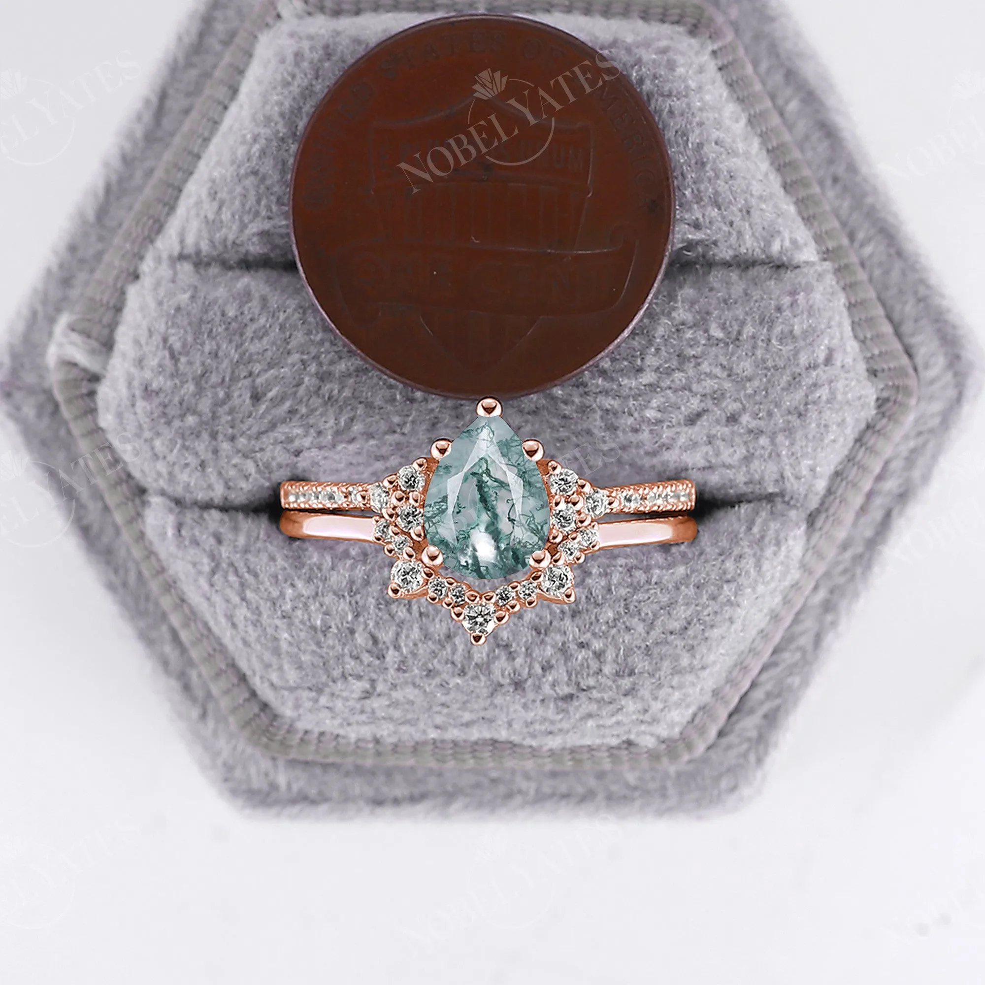 Moss Agate Pear Cluster Engagement Ring Set Rose Gold