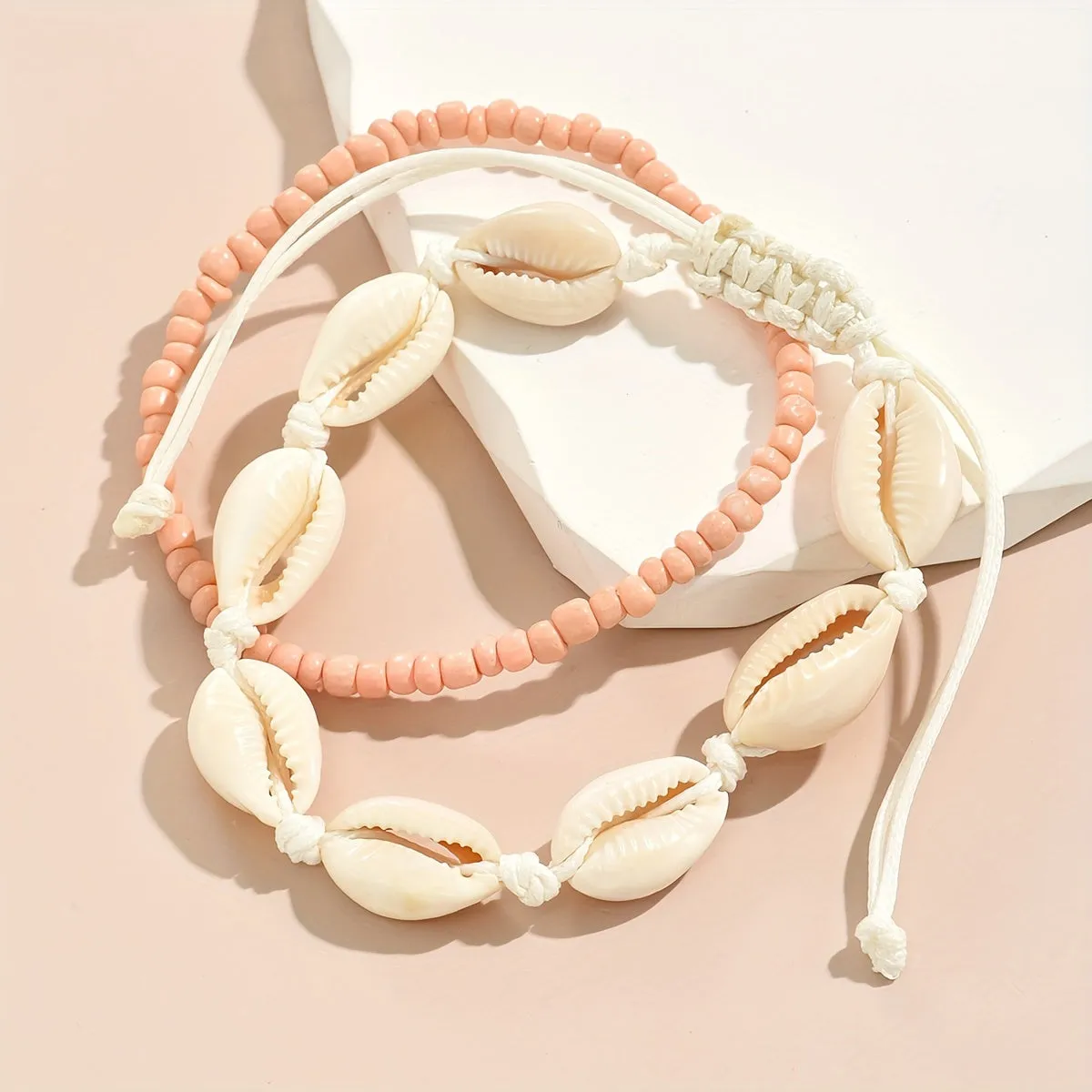 Oceaninspired beaded anklet set with shellshaped beads