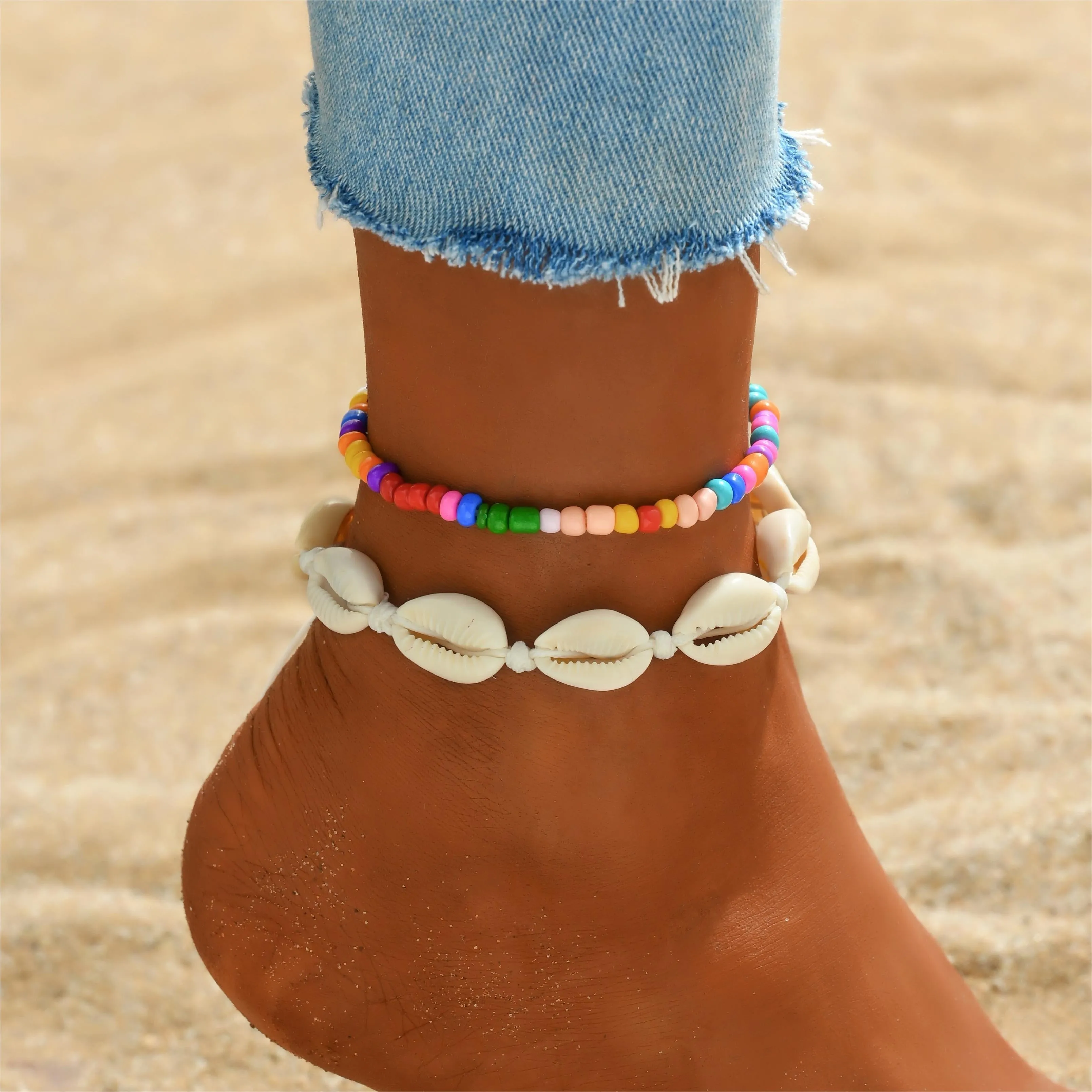 Oceaninspired beaded anklet set with shellshaped beads
