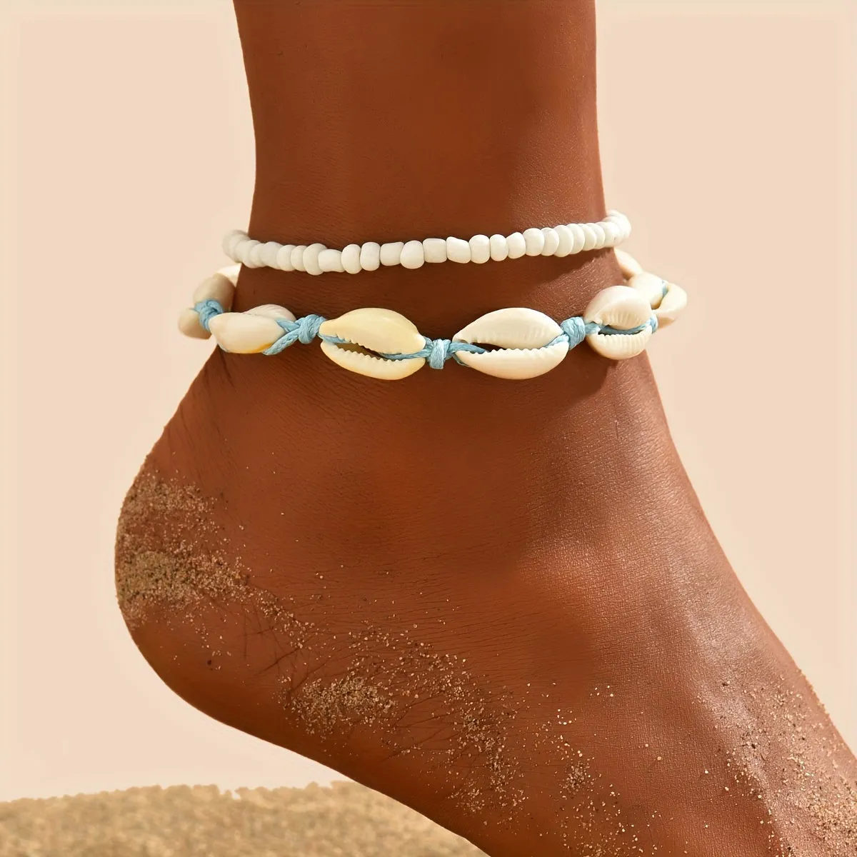 Oceaninspired beaded anklet set with shellshaped beads