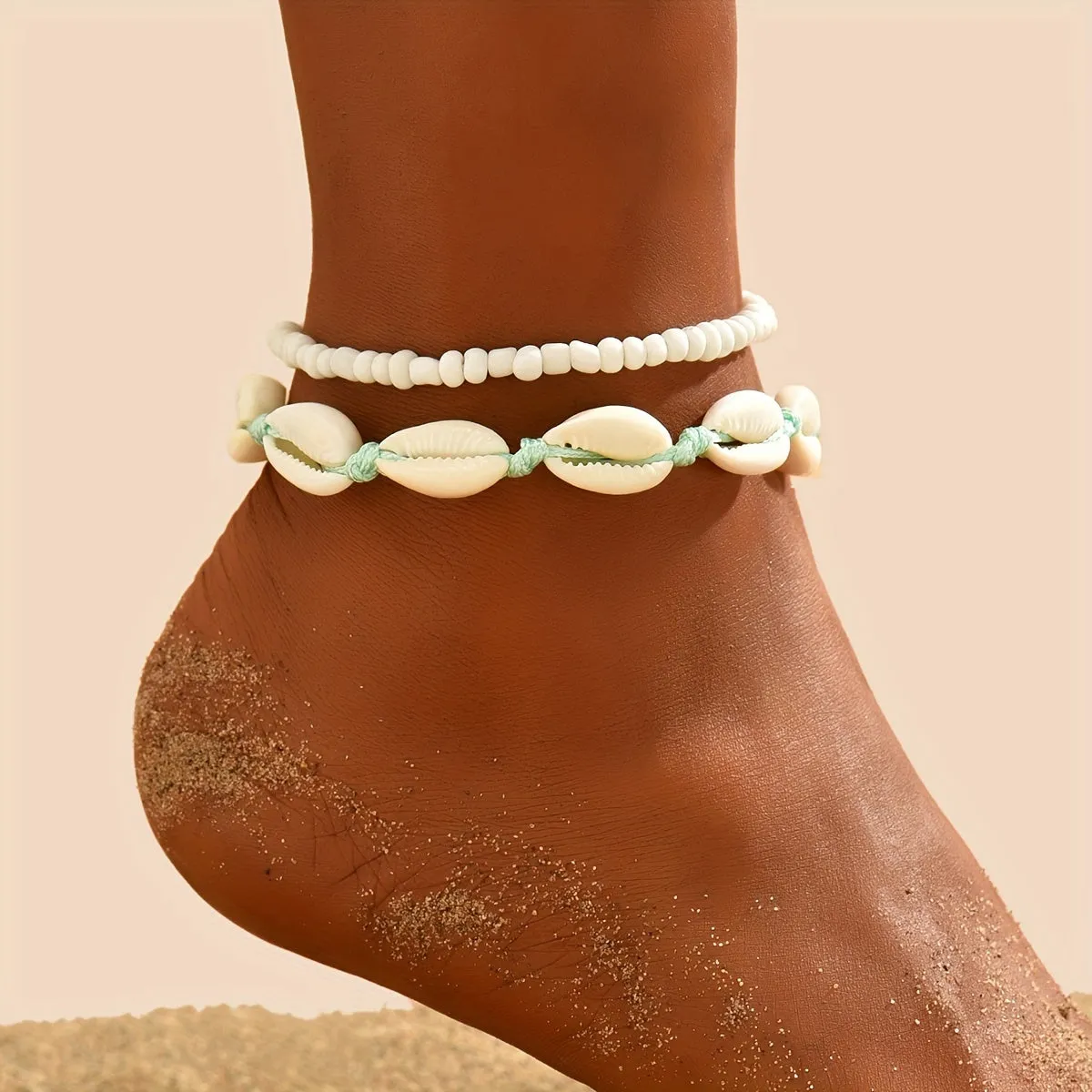 Oceaninspired beaded anklet set with shellshaped beads