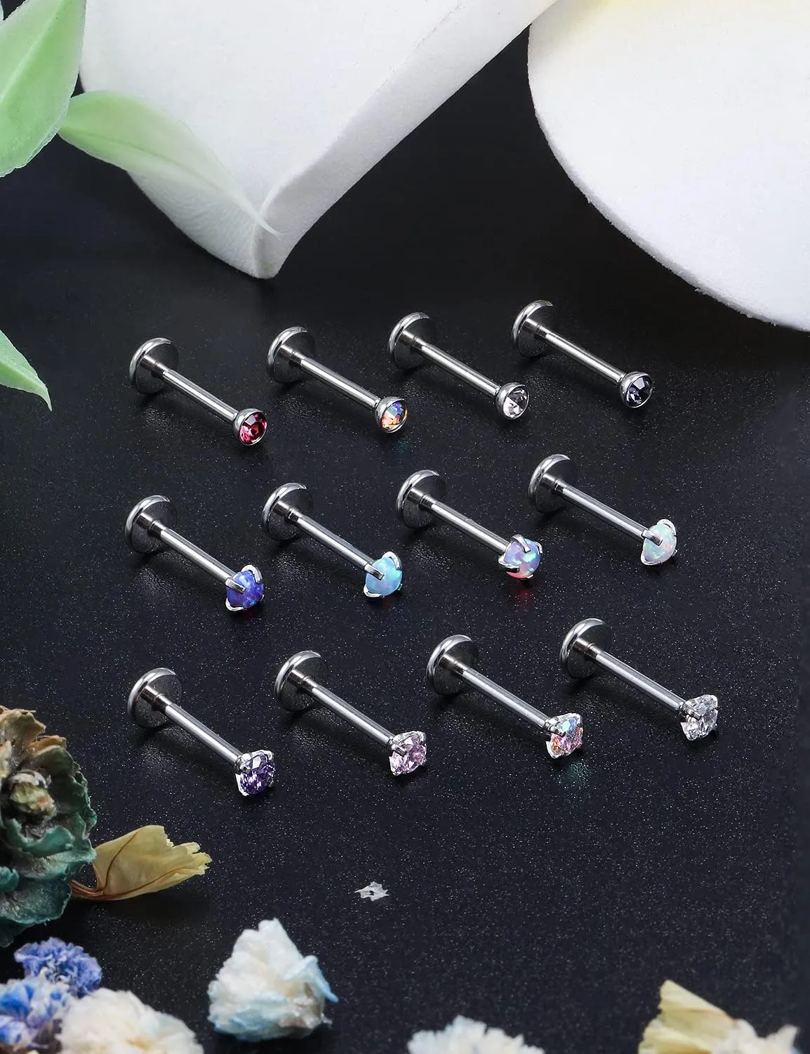 Ocptiy 18G 20G Push in Theadless Nose Rings Studs Hypoallergenic Surgical Steel Cartilage Tragus Helix Earrings Stud Lip labret Monroe Medusa Piercings Jewelry 6mm 7mm 8mm Bar Lenght Diamond 3mm