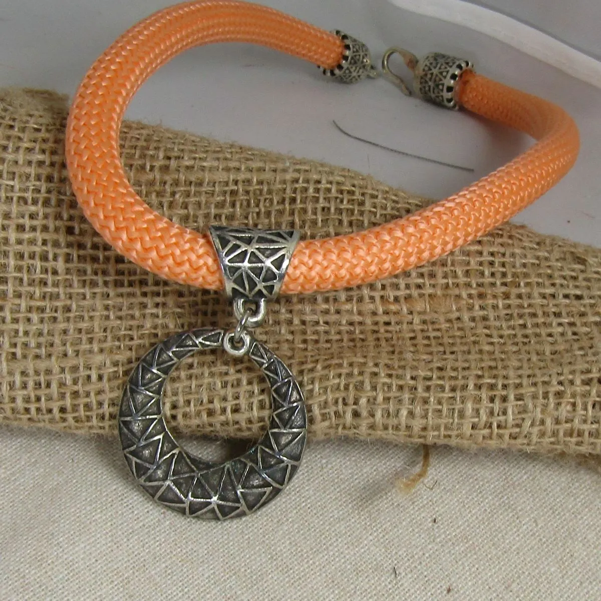 Peach Cotton Climbing  Cord  Necklace with Antique Silver Pendant