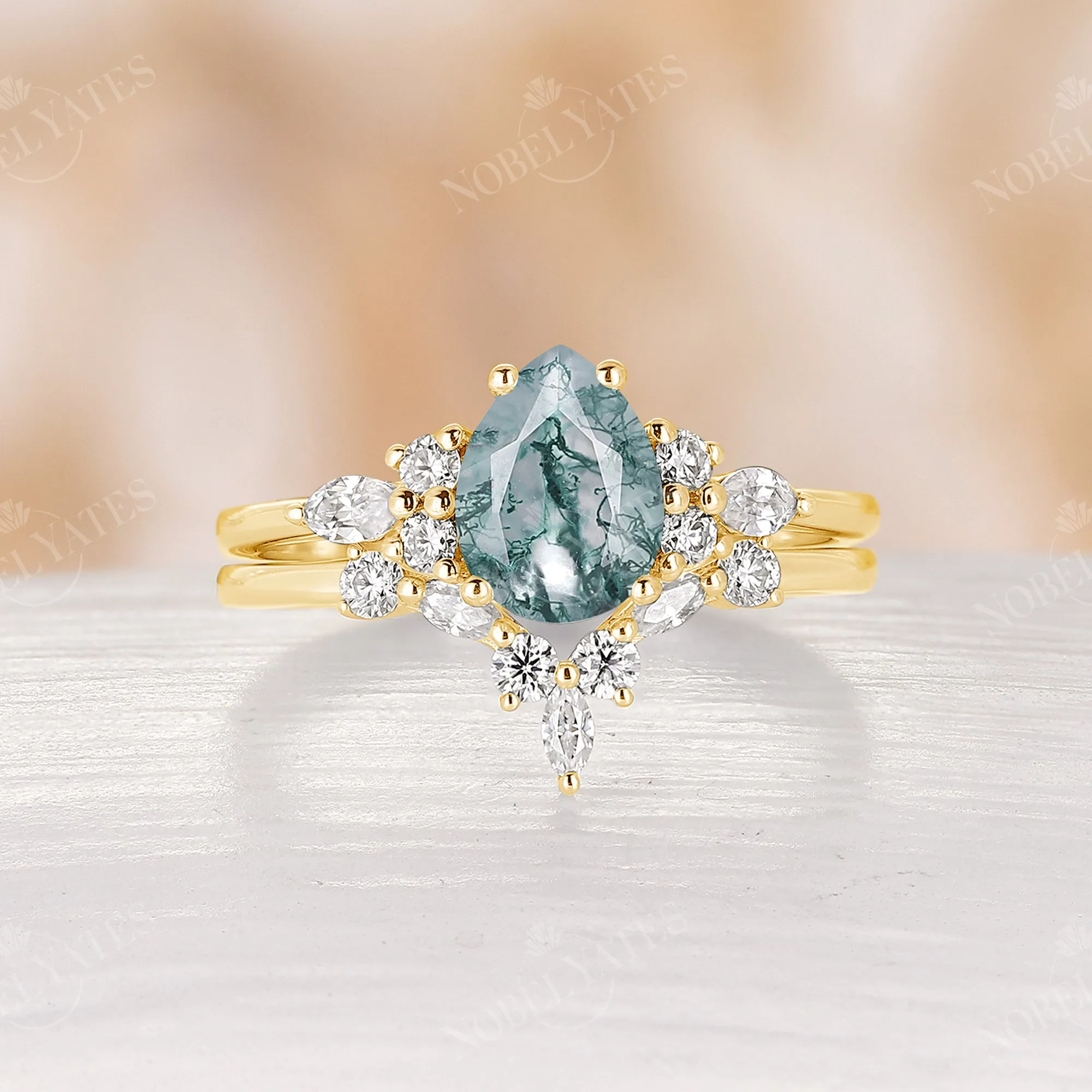 Pear Shape Moss Agate Vintage Cluster Engagement Ring Set Rose Gold