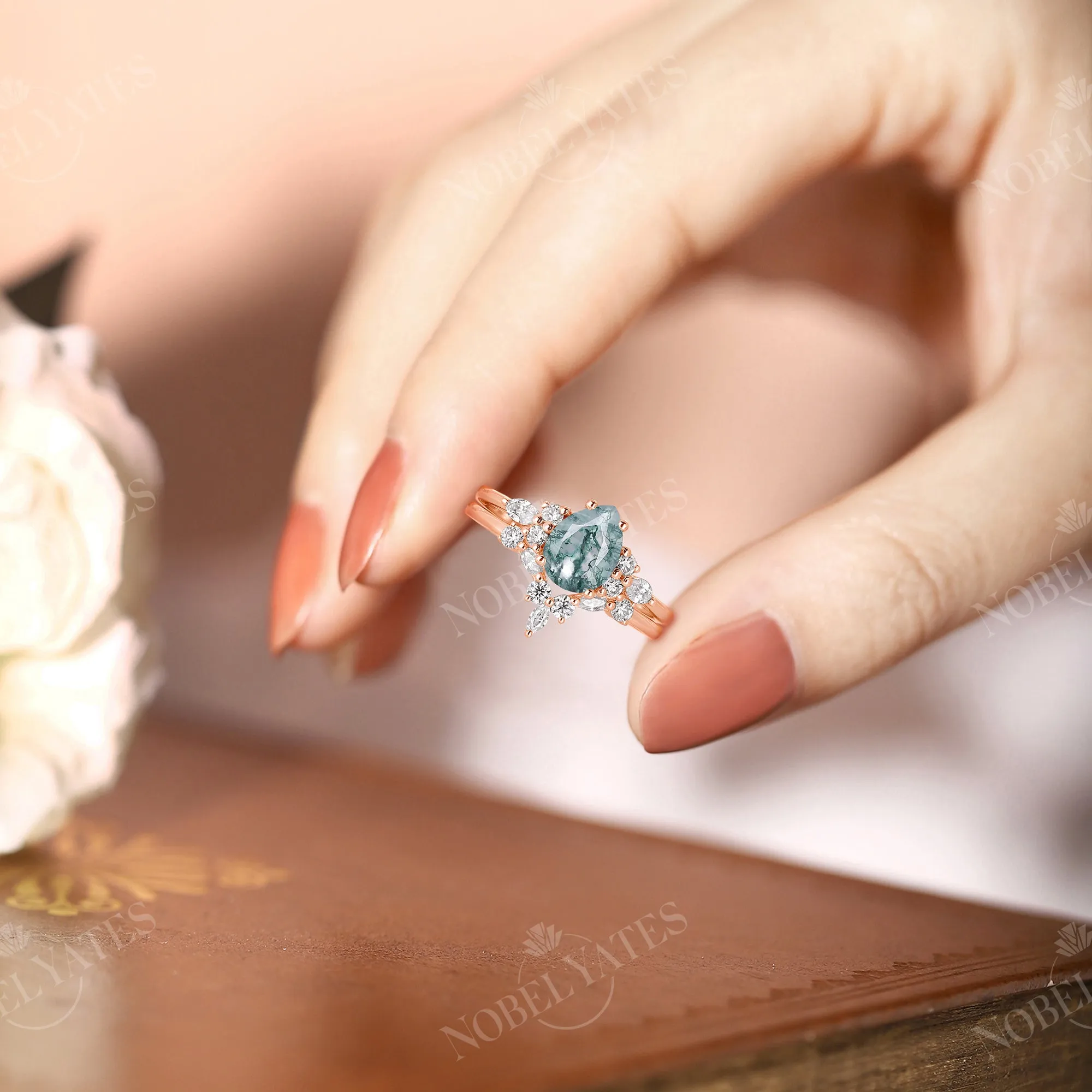 Pear Shape Moss Agate Vintage Cluster Engagement Ring Set Rose Gold