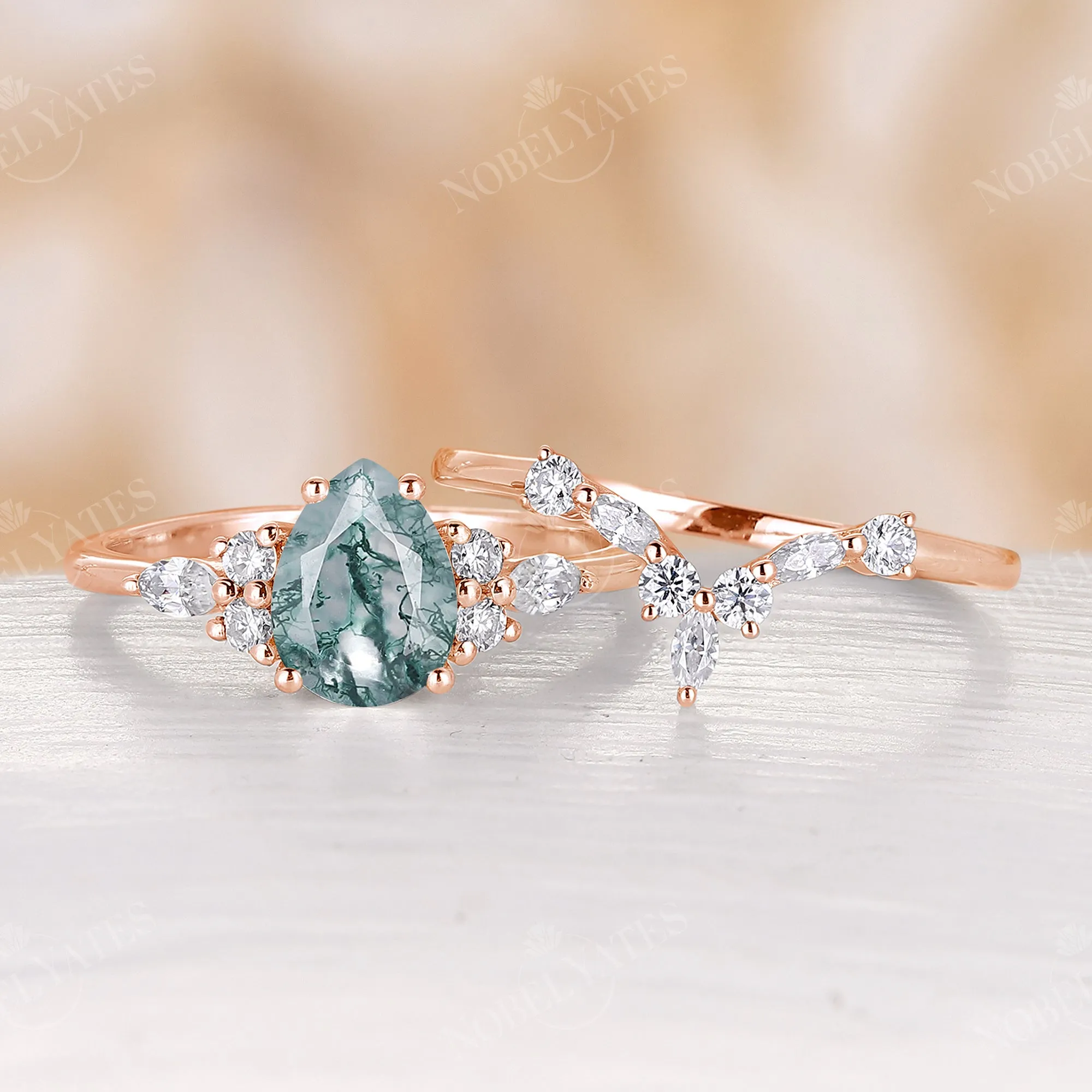 Pear Shape Moss Agate Vintage Cluster Engagement Ring Set Rose Gold