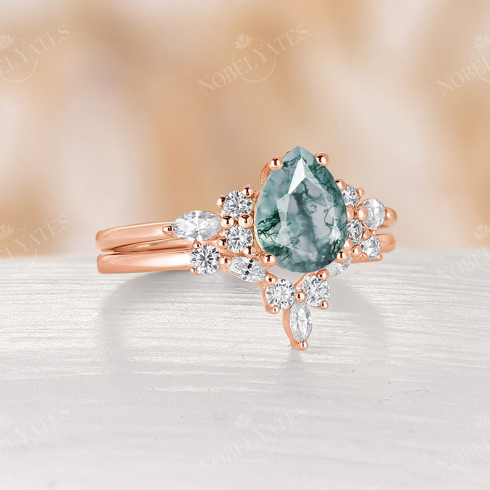 Pear Shape Moss Agate Vintage Cluster Engagement Ring Set Rose Gold