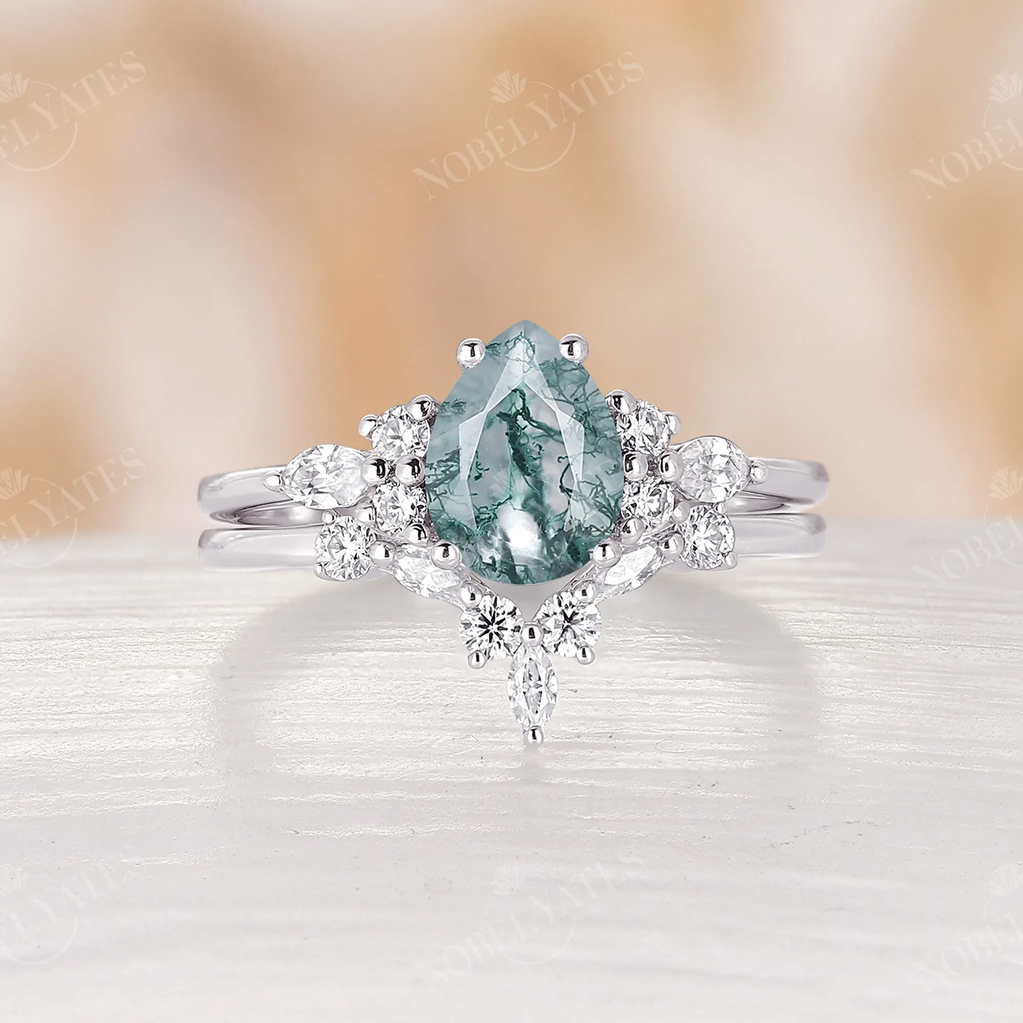 Pear Shape Moss Agate Vintage Cluster Engagement Ring Set Rose Gold