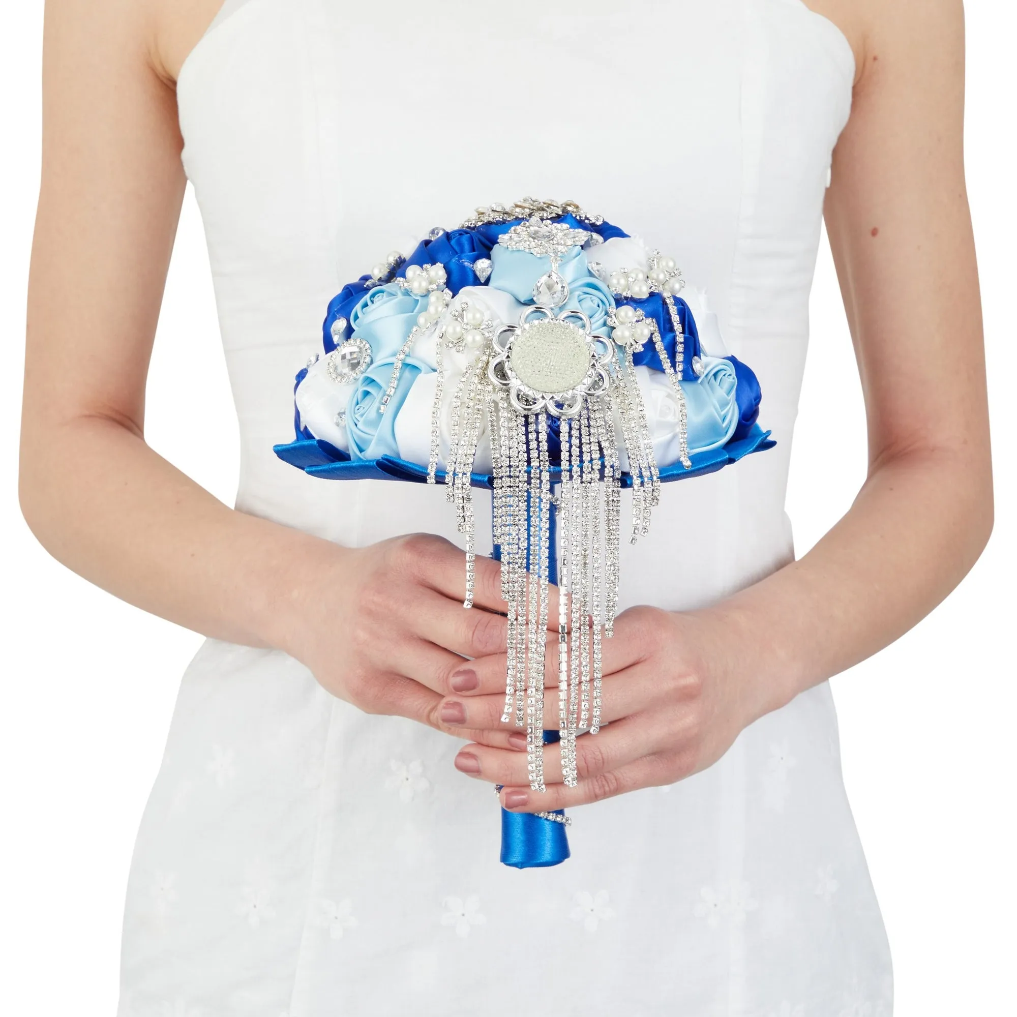 Royal Blue Satin Rose Rhinestone Bridal Bouquet with Brooch for Wedding, Quinceanera (8.5 In)