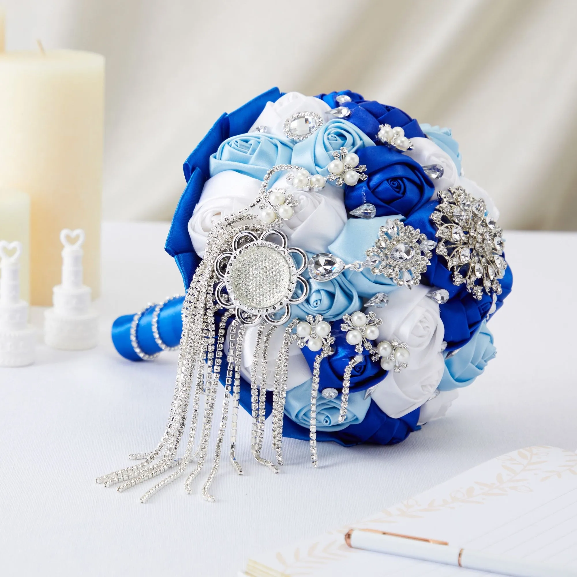 Royal Blue Satin Rose Rhinestone Bridal Bouquet with Brooch for Wedding, Quinceanera (8.5 In)