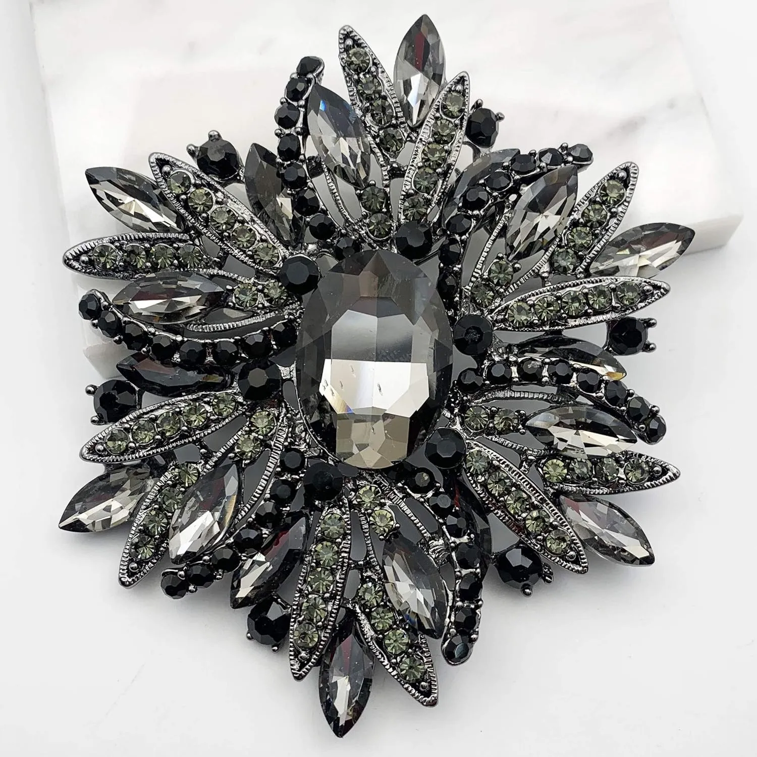 SELOVO 3.5" Huge Big Large Brooch Pendant Scarf Hats Decoration Blue Flower Pin Gold Tone