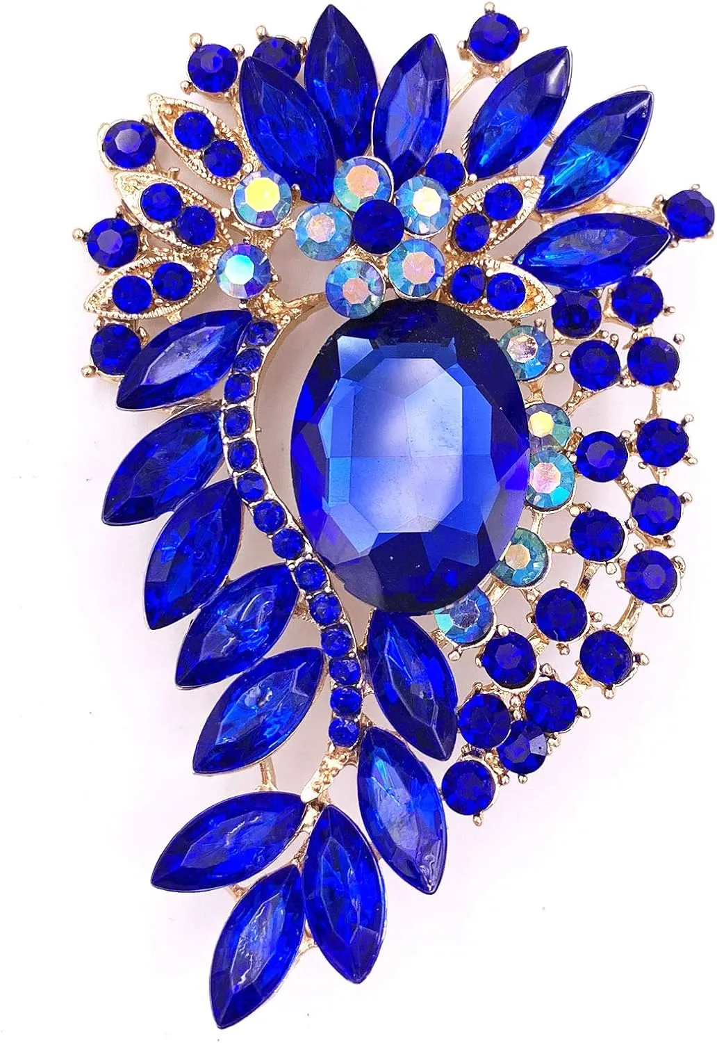 SELOVO Big Large Crystal Rhinestone Leaf Oval Statement Brooch Pin Jewelry Gold Tone