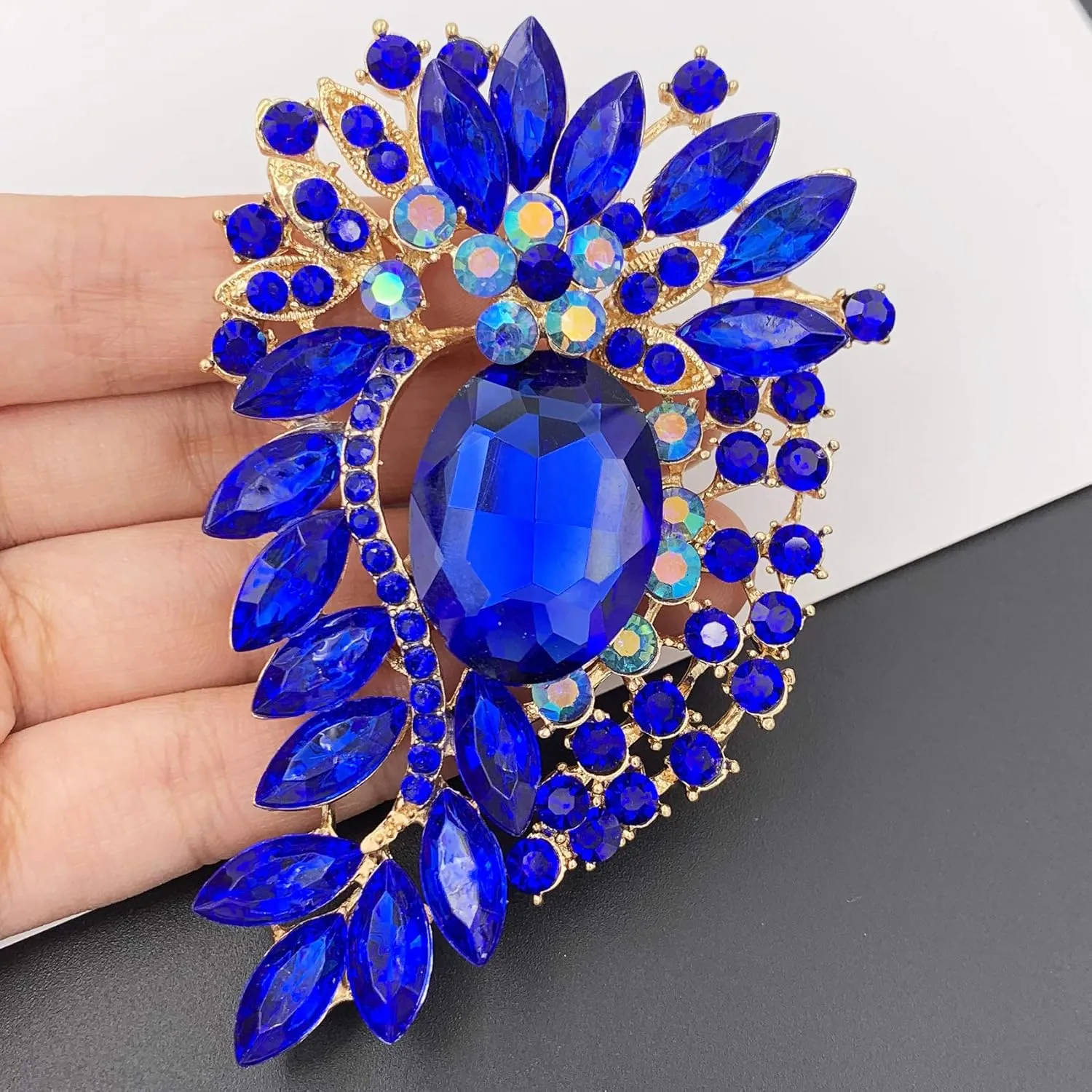 SELOVO Big Large Crystal Rhinestone Leaf Oval Statement Brooch Pin Jewelry Gold Tone