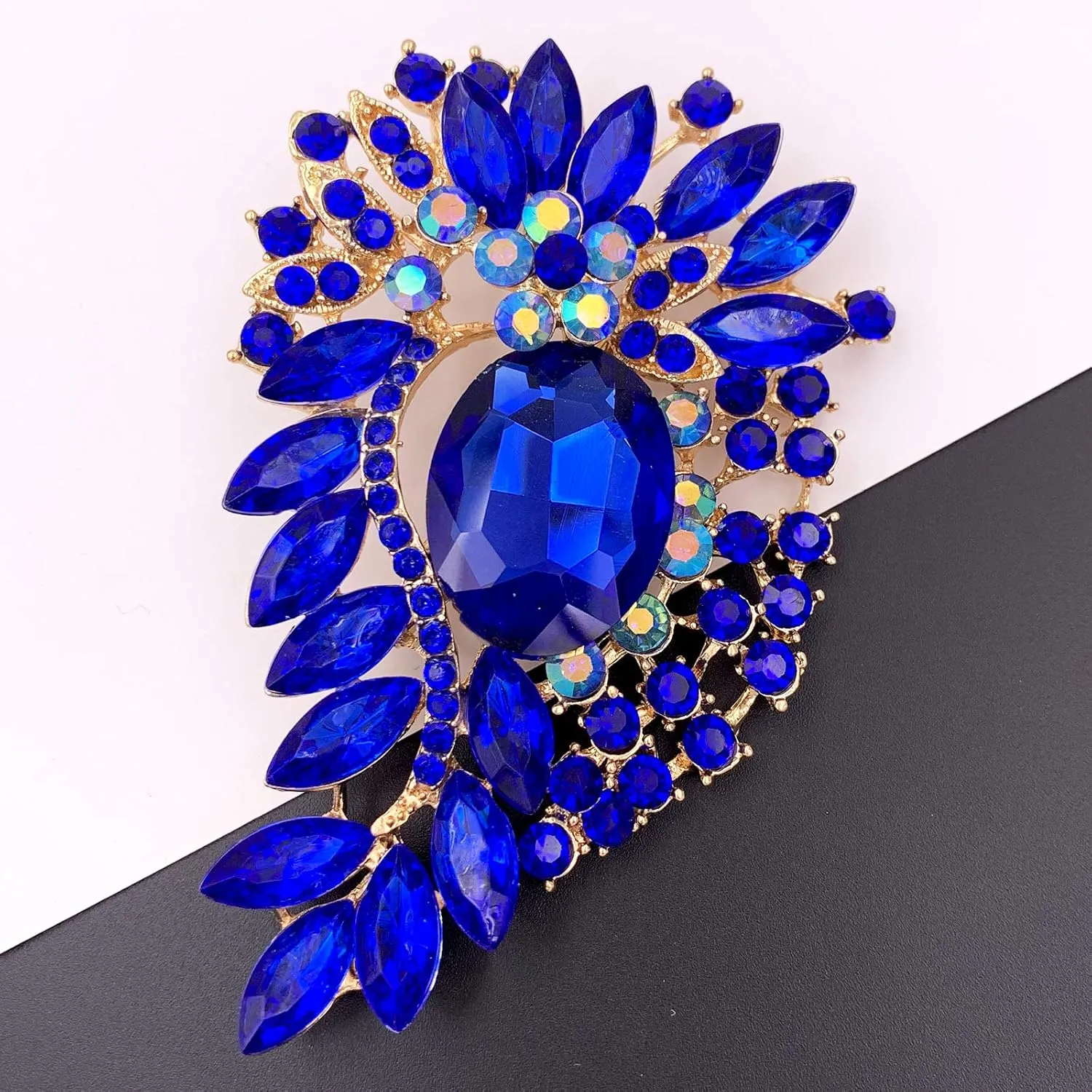 SELOVO Big Large Crystal Rhinestone Leaf Oval Statement Brooch Pin Jewelry Gold Tone
