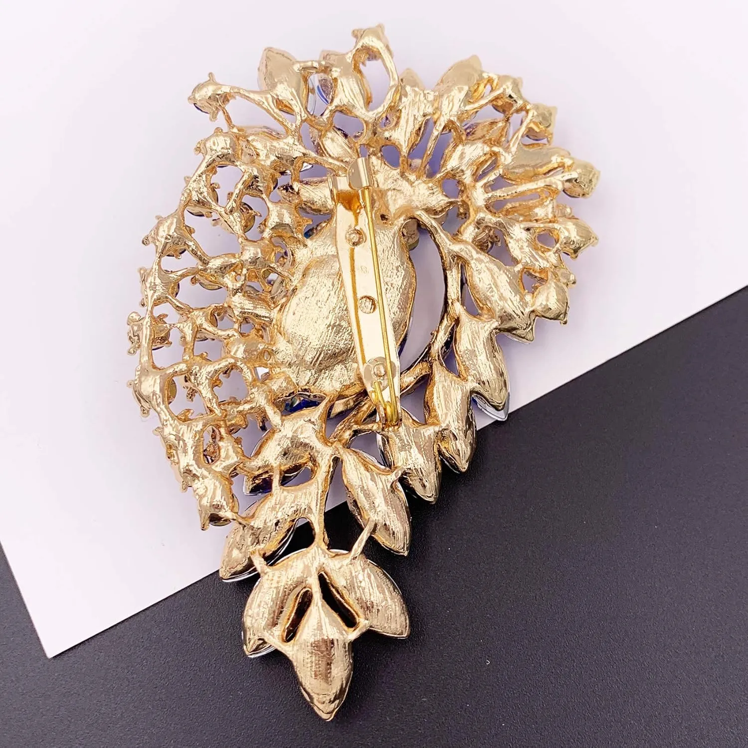 SELOVO Big Large Crystal Rhinestone Leaf Oval Statement Brooch Pin Jewelry Gold Tone