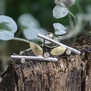 Silver and 18kt Gold Leaf Diamond Post Earrings