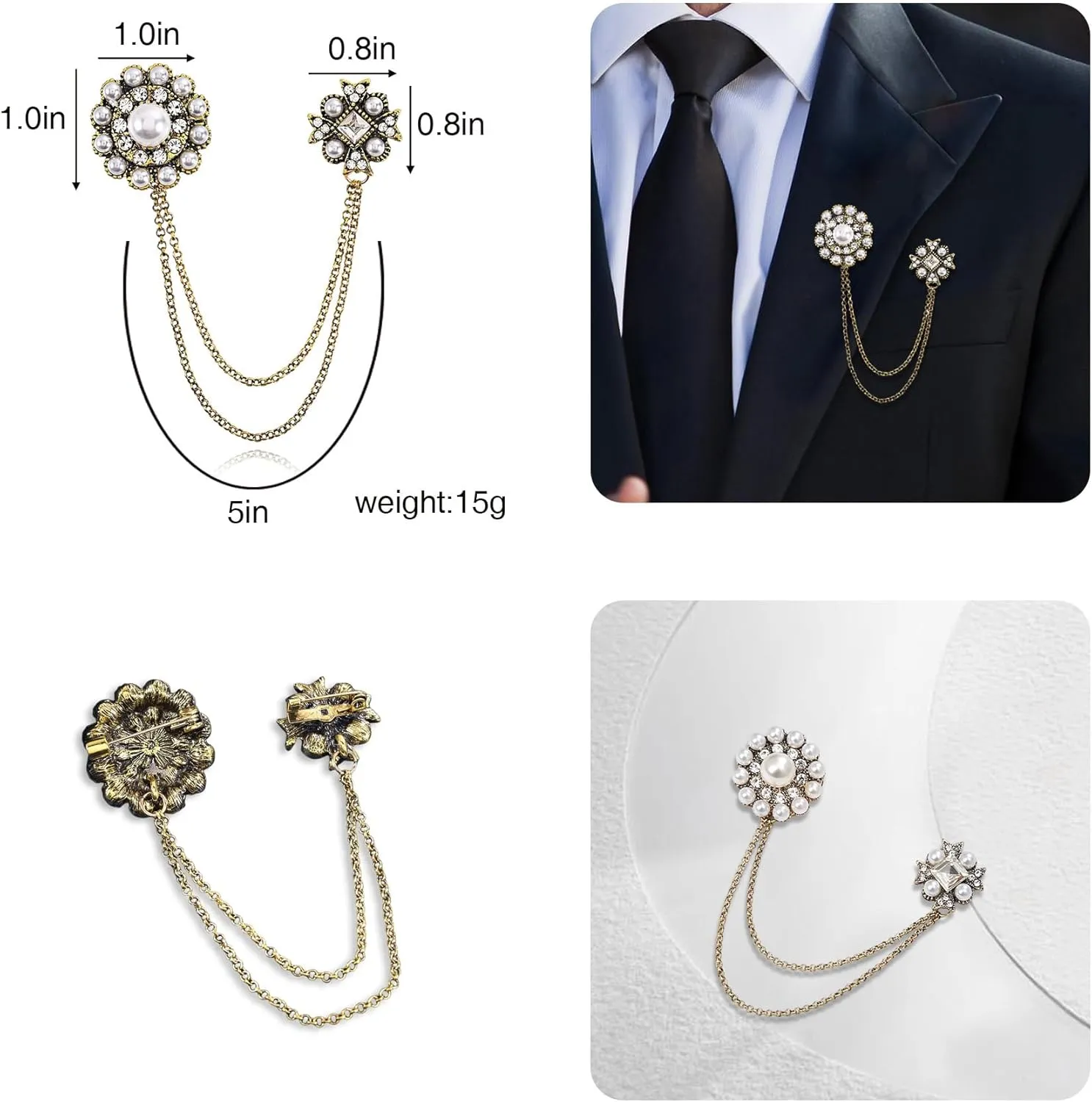 Silver Crystal Flower Leaf Birdie Brooch Lapel Pin for Men Rhinestone Pearl With Hanging Chain Brooch for Men Suit Fashion Tuxedo Tie Hat Scarf Collar Pins for Men Women Gifts