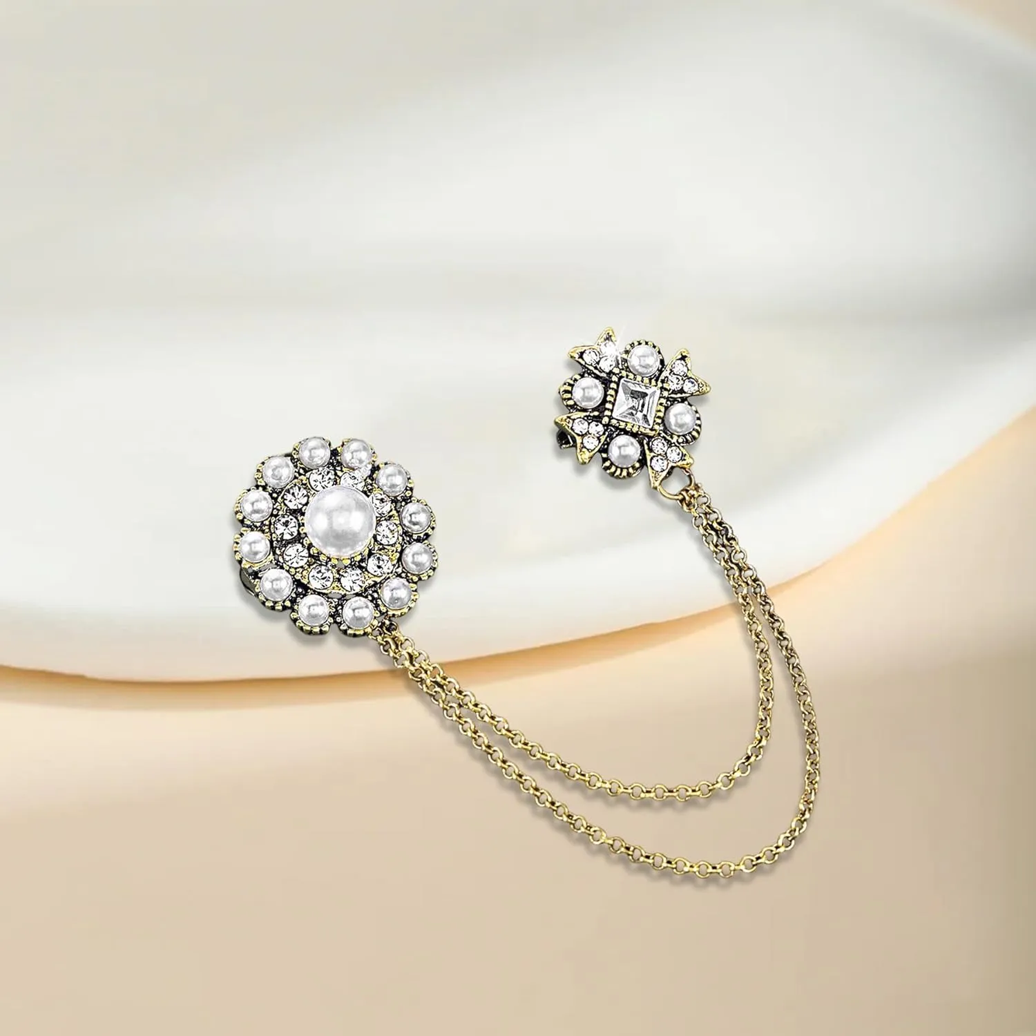 Silver Crystal Flower Leaf Birdie Brooch Lapel Pin for Men Rhinestone Pearl With Hanging Chain Brooch for Men Suit Fashion Tuxedo Tie Hat Scarf Collar Pins for Men Women Gifts