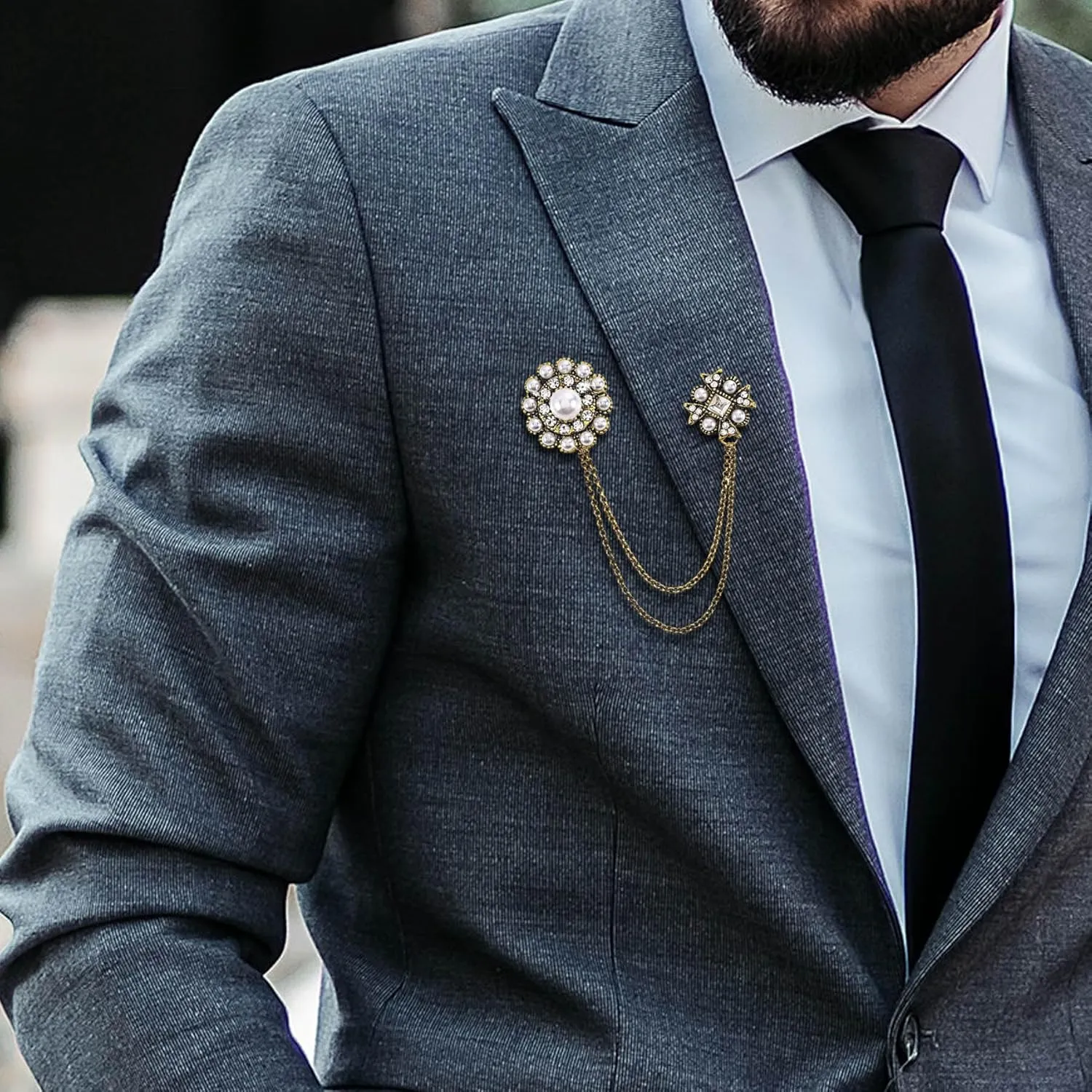 Silver Crystal Flower Leaf Birdie Brooch Lapel Pin for Men Rhinestone Pearl With Hanging Chain Brooch for Men Suit Fashion Tuxedo Tie Hat Scarf Collar Pins for Men Women Gifts