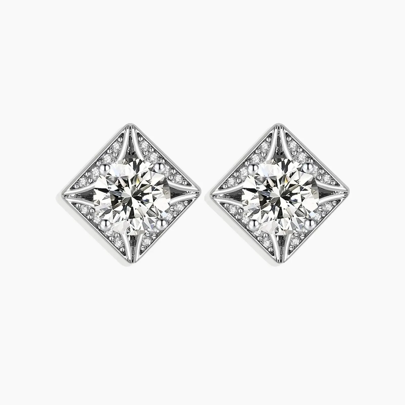 Silver Square Moissanite Stud Earrings featuring Round Moissanite and Zirconia Accents - Irosk Australia®