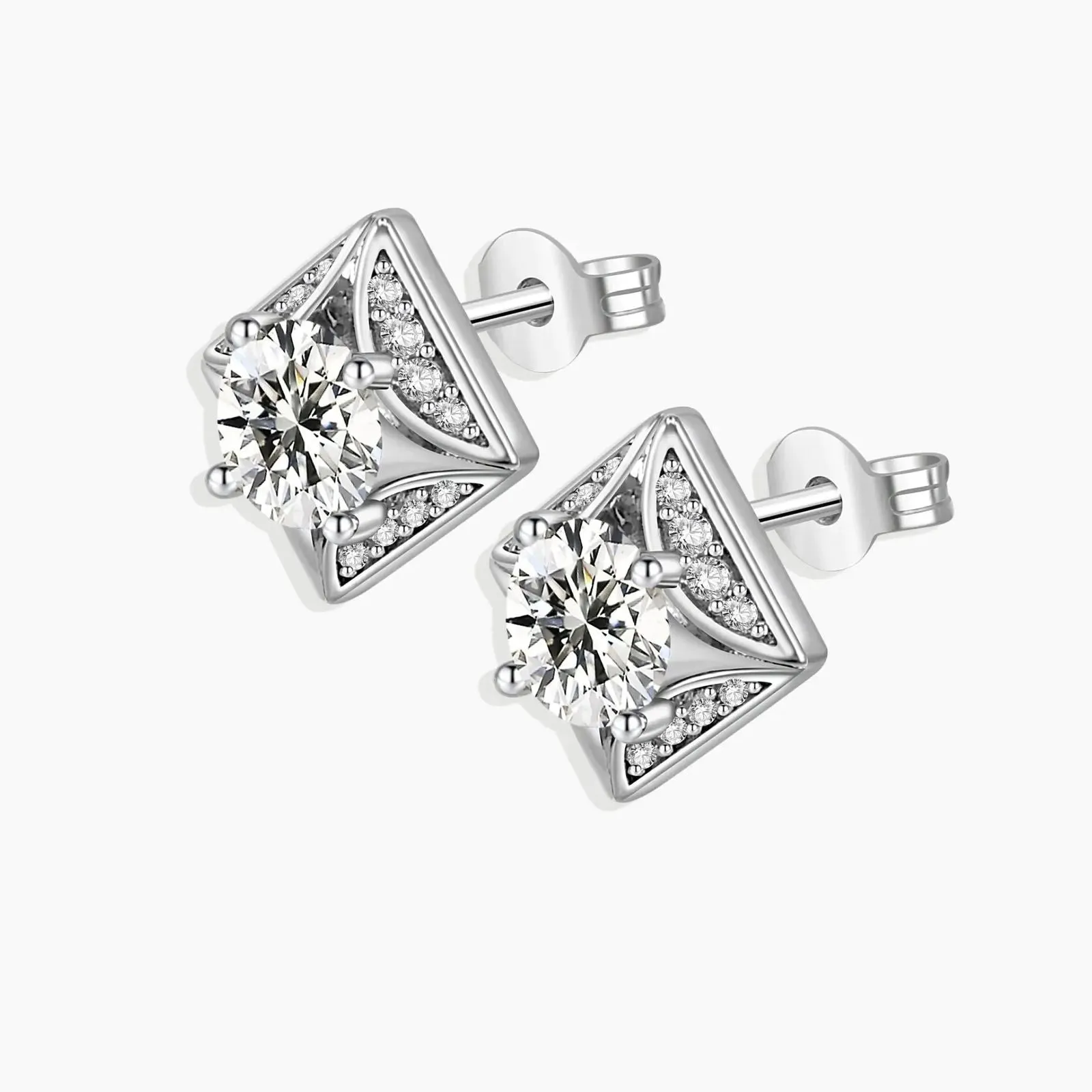 Silver Square Moissanite Stud Earrings featuring Round Moissanite and Zirconia Accents - Irosk Australia®
