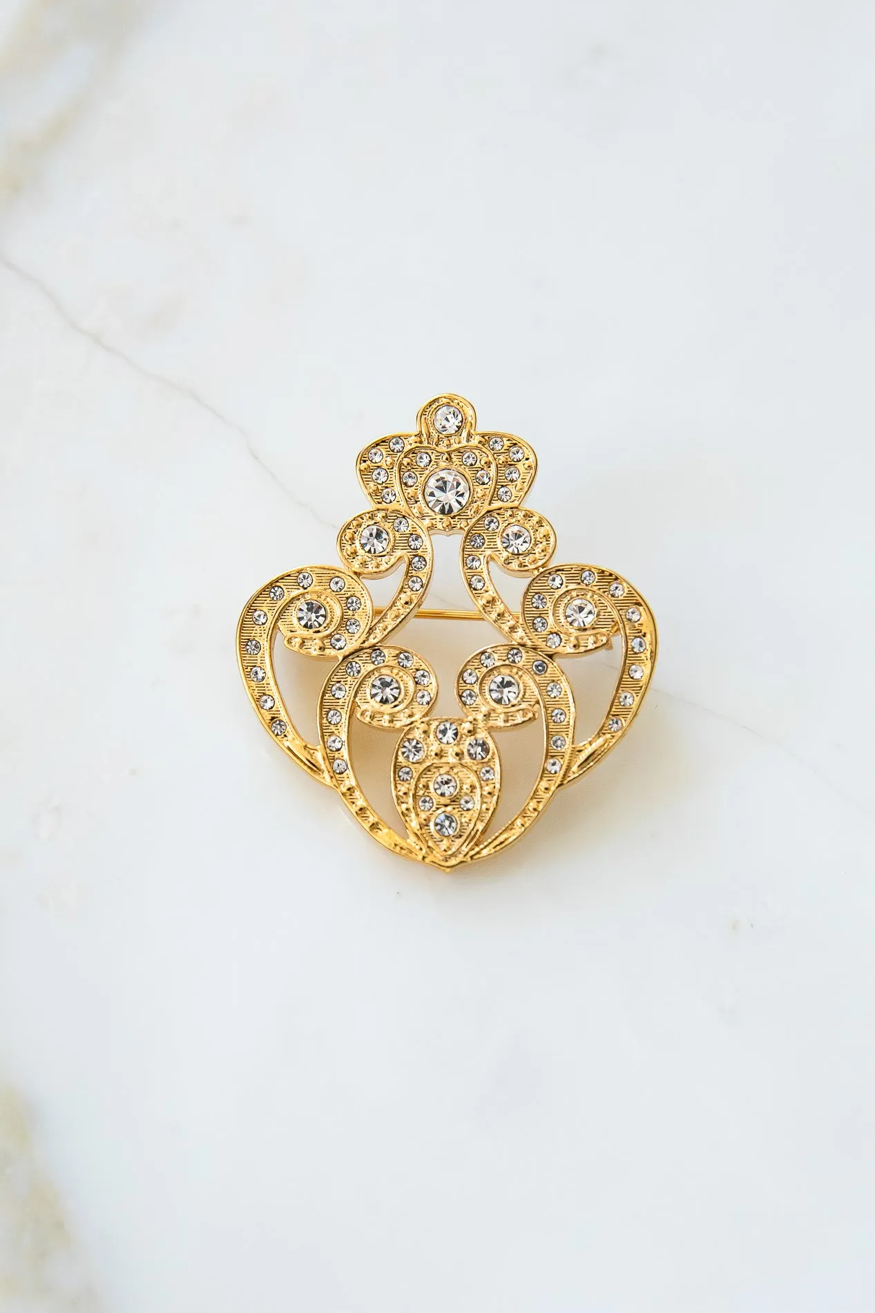 The Crown Brooch - Gold With White Crystals
