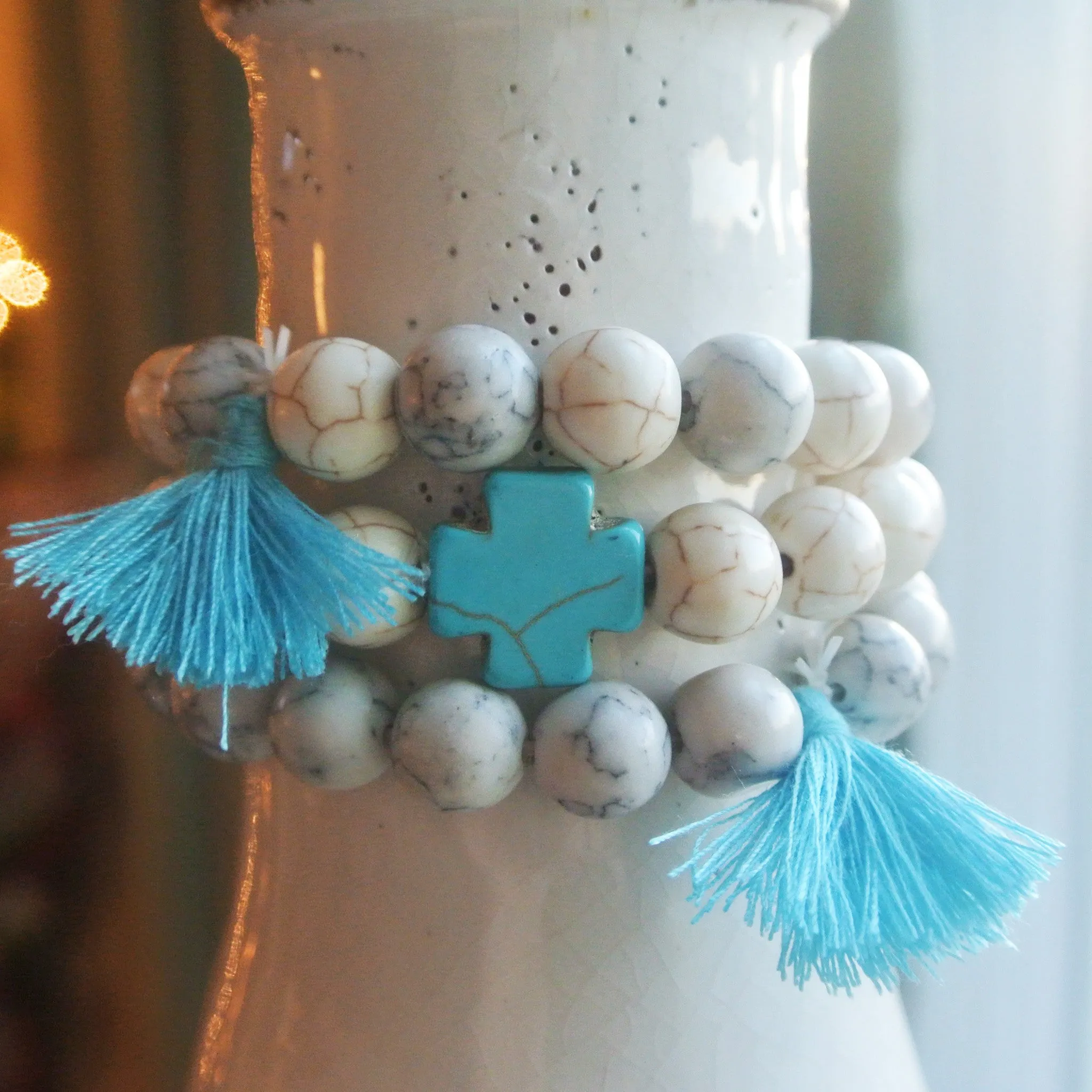 Turquoise and Ivory Cross Bracelets with Tassels