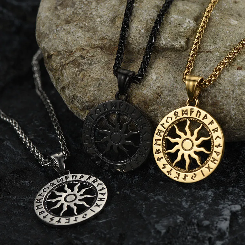Viking Sun Wheel Rune Pendant Necklace for Men