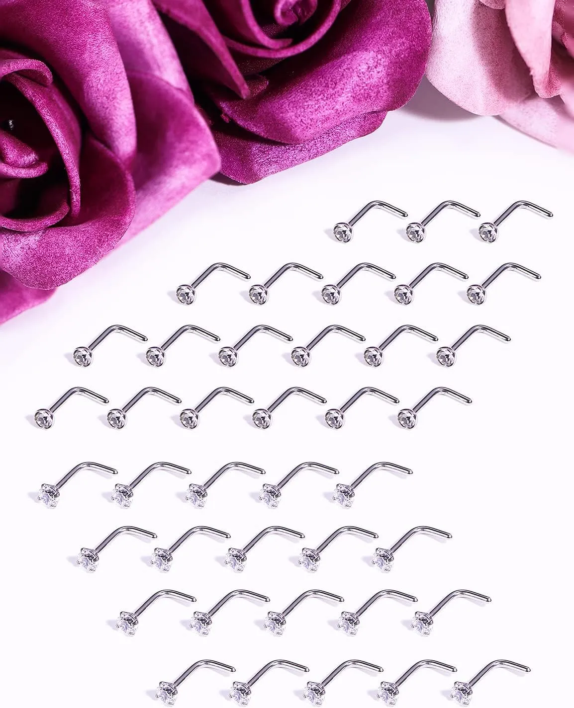 Vsnnsns 14K Gold Filled 18G 20G 22G Nose Rings Studs Piercing Jewelry for Women 316L Stainless Surgical Steel L Shaped Corkscrew Bone Nose Ring Studs Nostril Piercings Jewelry Diamond CZ Silver Gold