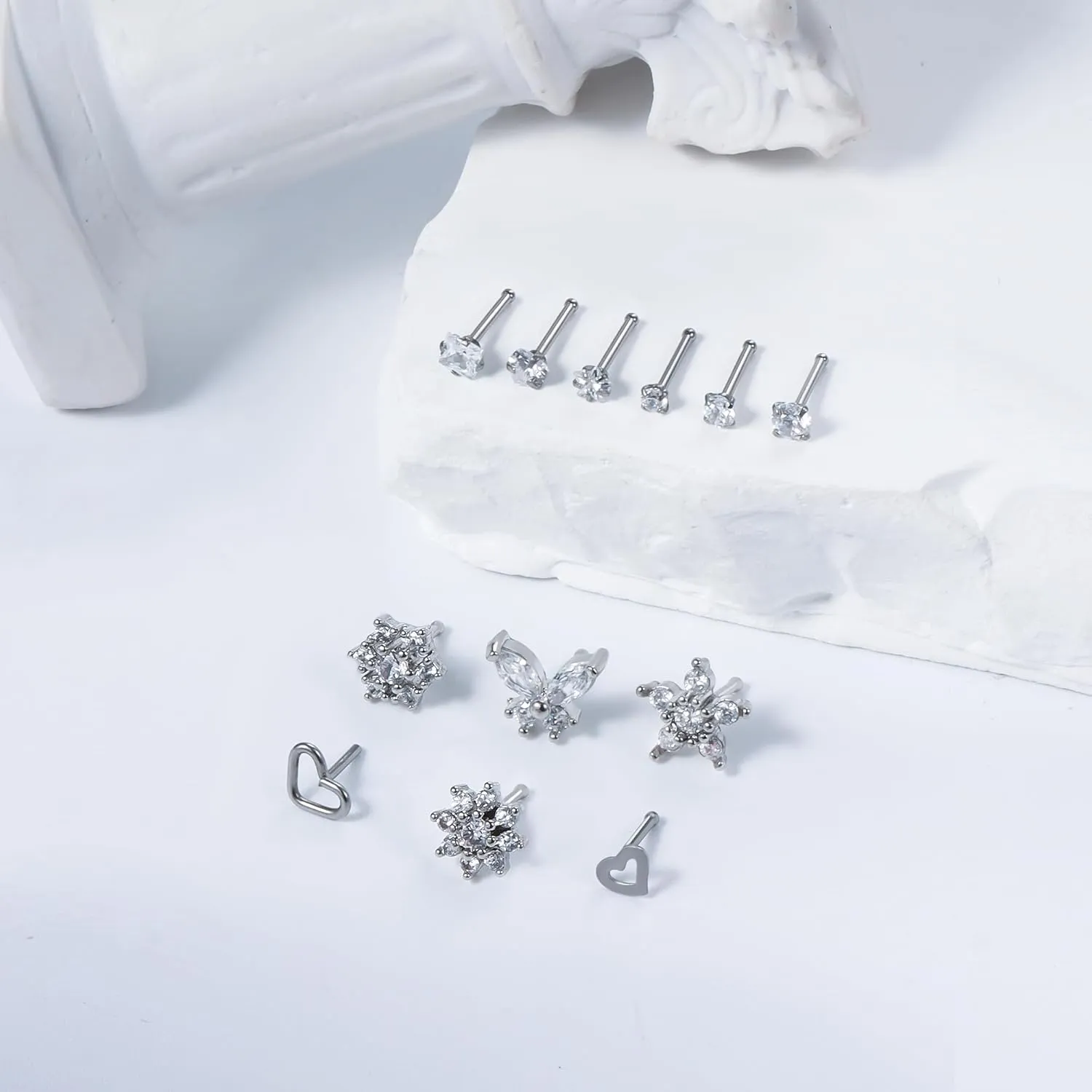 Vsnnsns 20G 18G Nose Rings Studs Piercing Jewelry for Women 316L Surgical Stainless Steel L Shaped Corkscrew Straight Butterfly Heart Diamond CZ Nose Rings Studs Nostril Piercing Jewelry Silver Gold