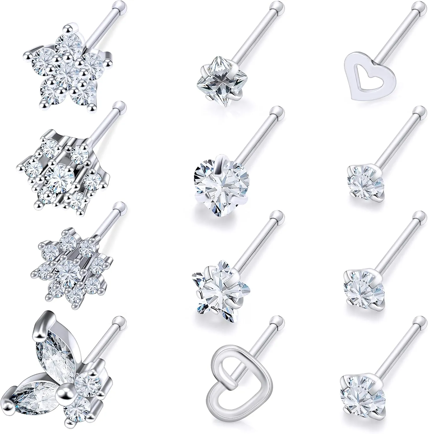 Vsnnsns 20G 18G Nose Rings Studs Piercing Jewelry for Women 316L Surgical Stainless Steel L Shaped Corkscrew Straight Butterfly Heart Diamond CZ Nose Rings Studs Nostril Piercing Jewelry Silver Gold