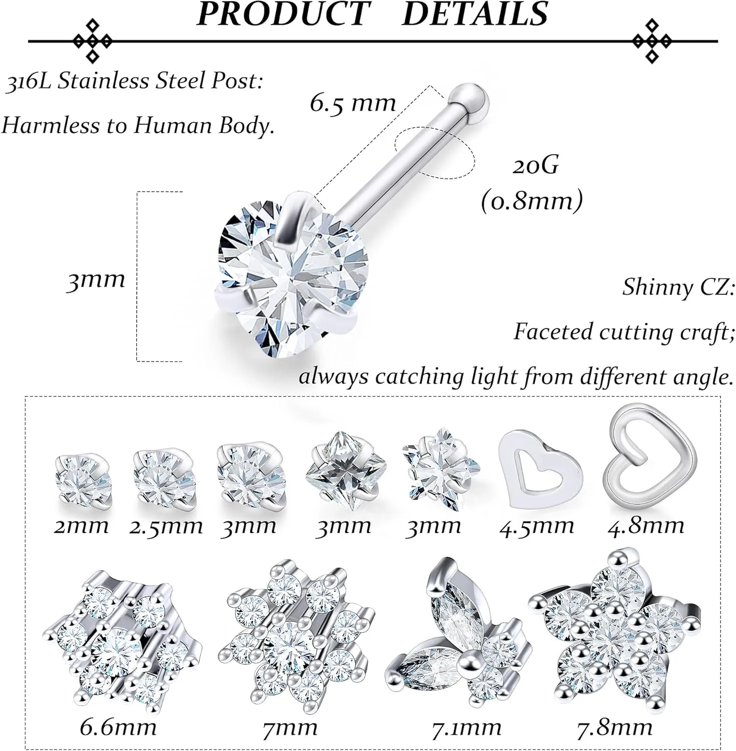 Vsnnsns 20G 18G Nose Rings Studs Piercing Jewelry for Women 316L Surgical Stainless Steel L Shaped Corkscrew Straight Butterfly Heart Diamond CZ Nose Rings Studs Nostril Piercing Jewelry Silver Gold